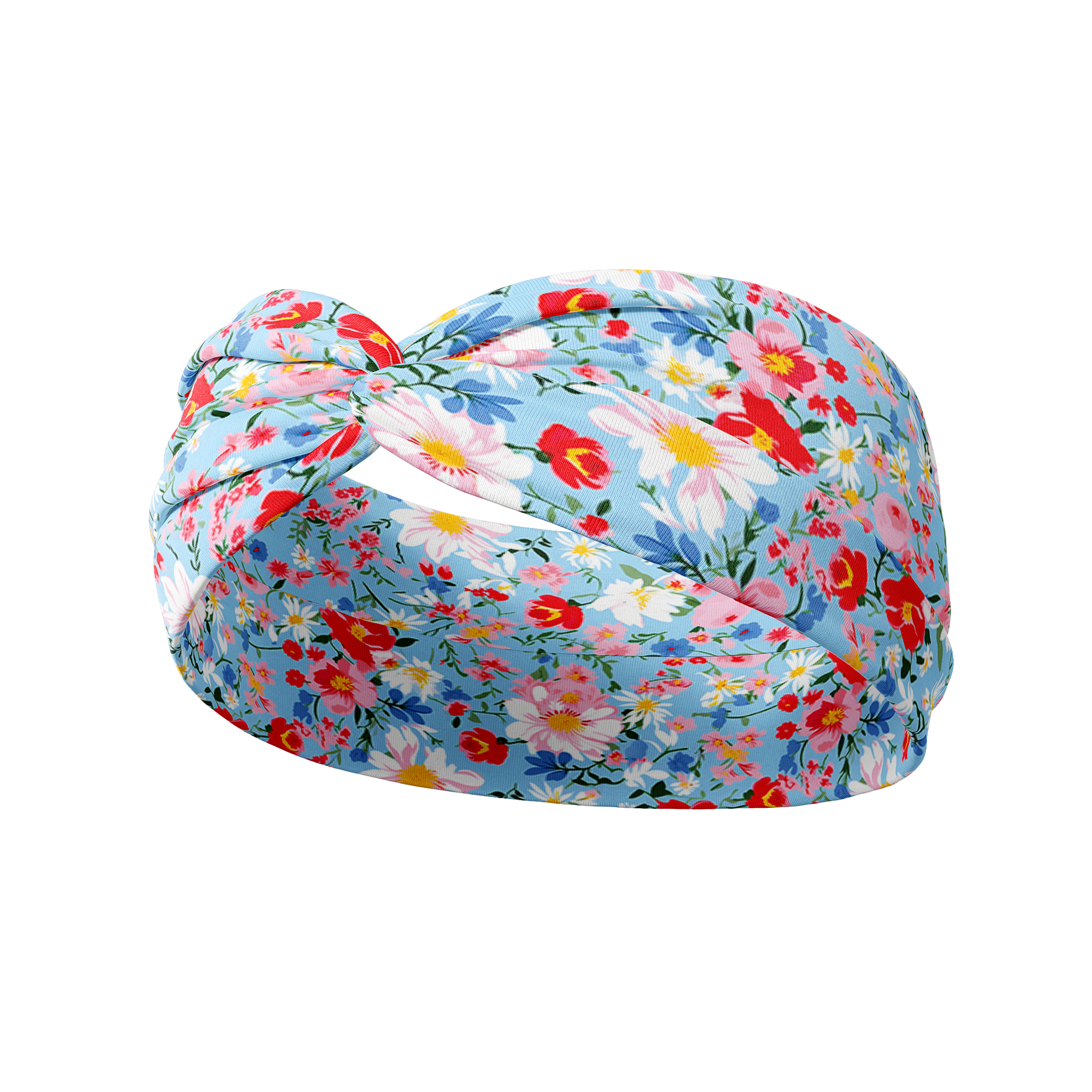 Zoey Floral on Sky Blue headband featuring a blue headband with pink, red and blue flowers, crafted from a buttery-soft, ultra-stretchy poly-knit blend, designed for versatility and comfort.