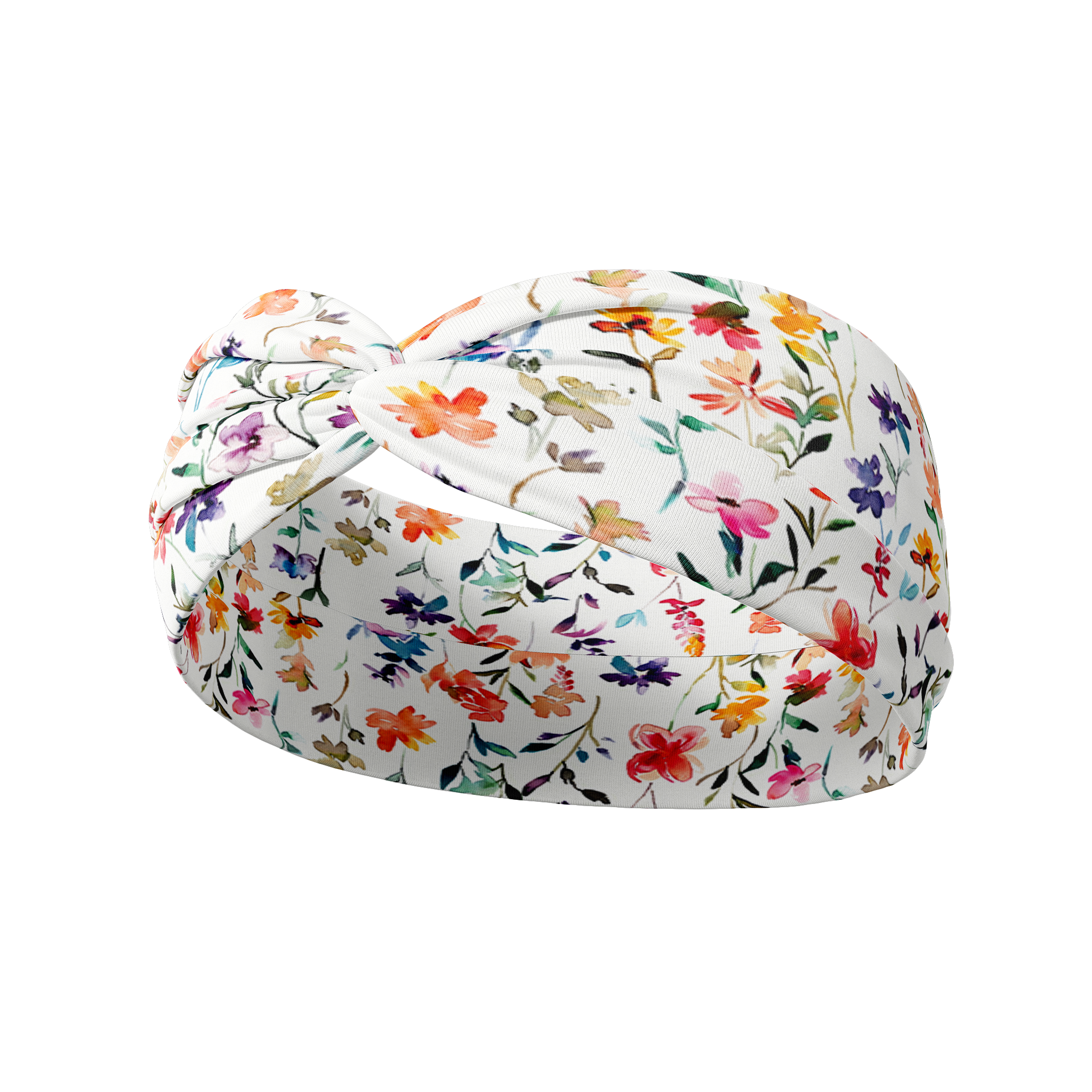 Willow Floral on Ivory headband featuring medium stems of purple, yellow, peach and red watercolor flowers, crafted from a buttery-soft, ultra-stretchy poly-knit blend, designed for versatility and comfort.