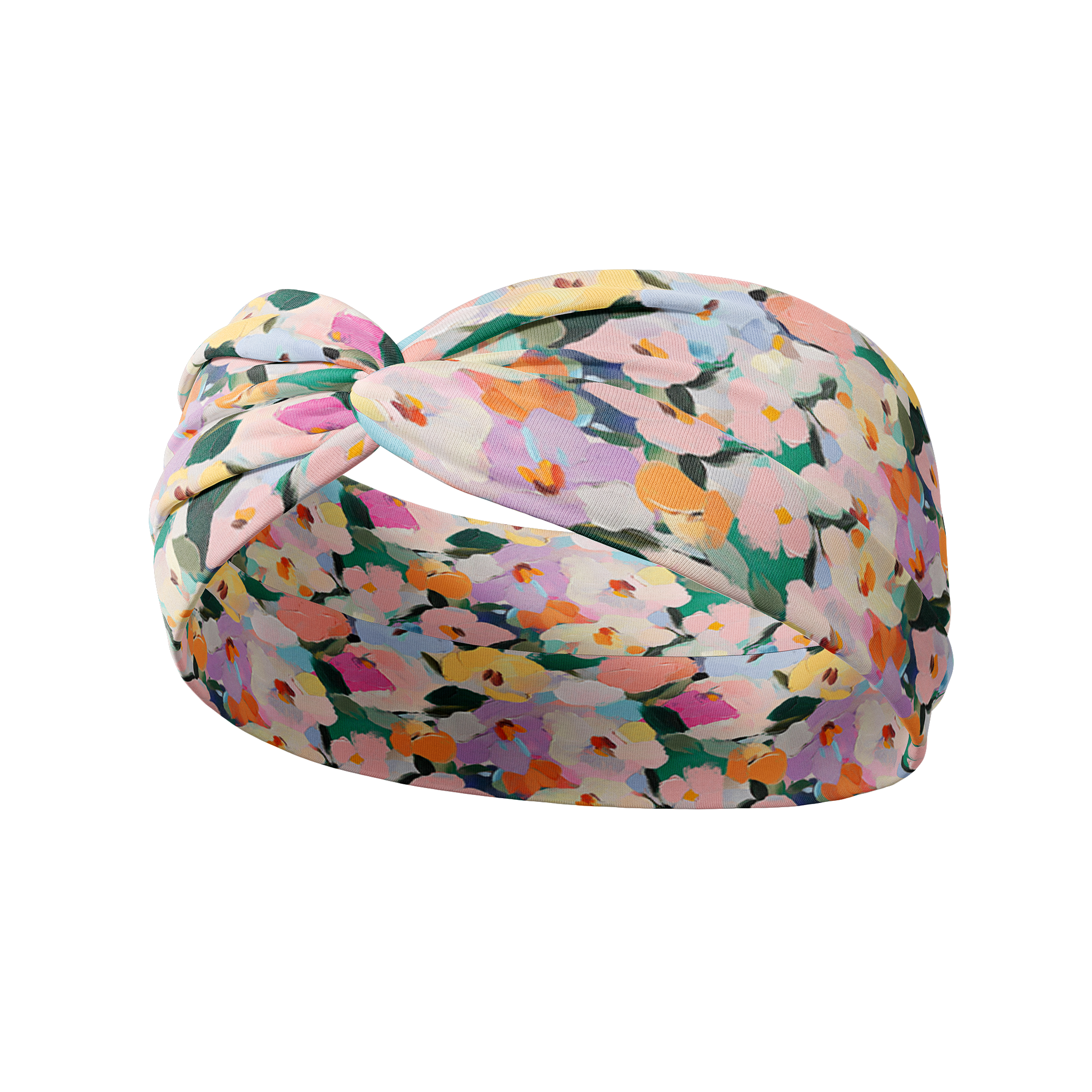 Tori Floral on Sage headband featuring a blue headband with pink, red, sage and blue flowers, crafted from a buttery-soft, ultra-stretchy poly-knit blend, designed for versatility and comfort.