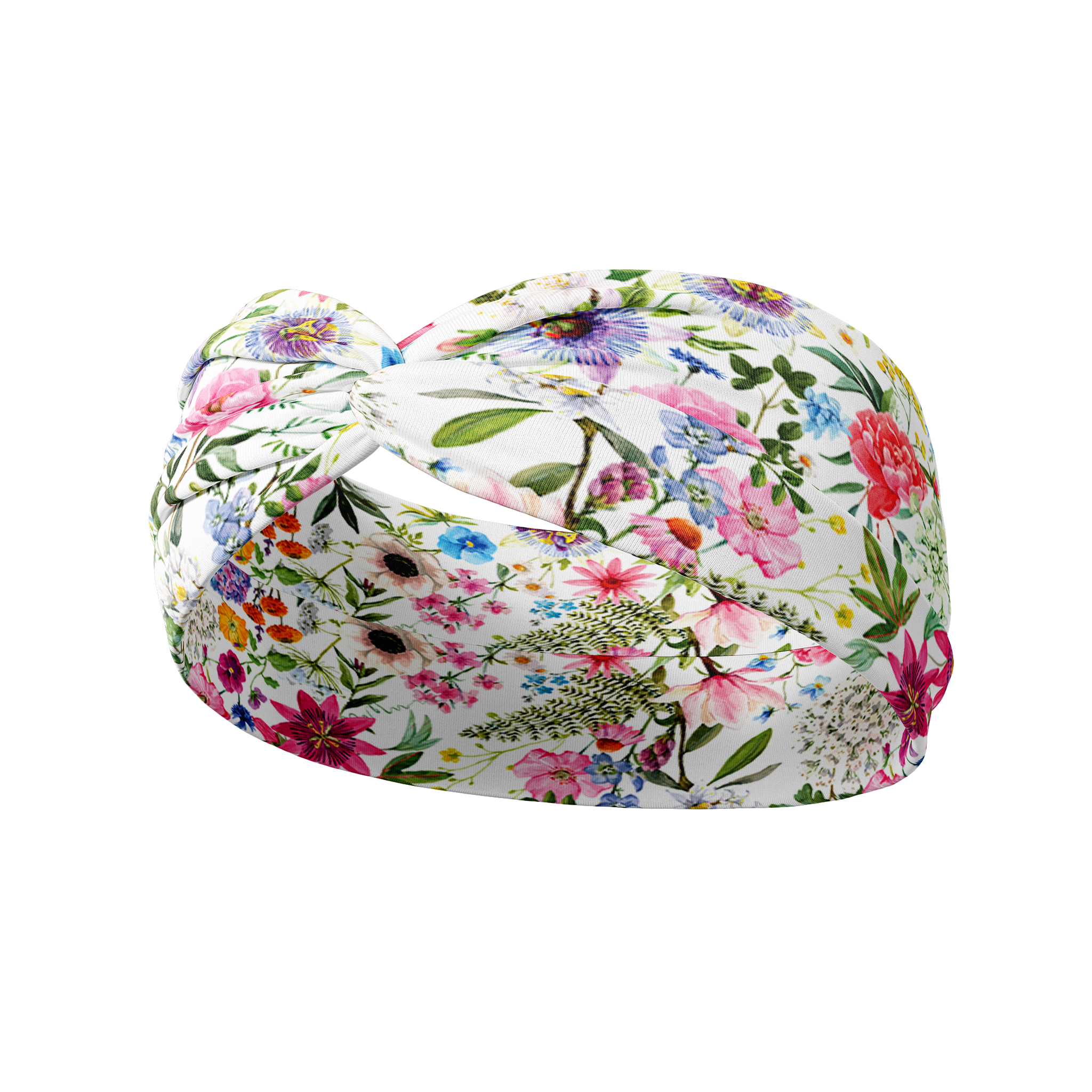 Isabella Floral on Ivory headband featuring purple, blue and pink flowers, crafted from a buttery-soft, ultra-stretchy poly-knit blend, designed for versatility and comfort.