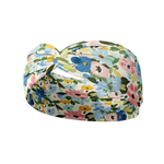 Hope Floral on Ivory headband featuring hand-drawn blue, pink, orange and green flowers, crafted from a buttery-soft, ultra-stretchy poly-knit blend, designed for versatility and comfort.