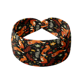 Adult women's black headband with red foxes, orange, green, red and ivory flowers and leaves
