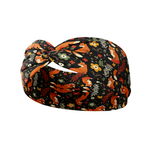 Adult women's black headband with red foxes, orange, green, red and ivory flowers and leaves