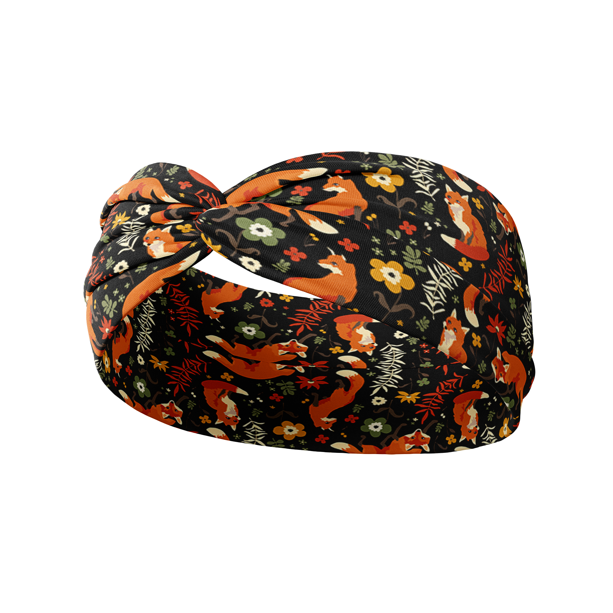 Adult women's black headband with red foxes, orange, green, red and ivory flowers and leaves