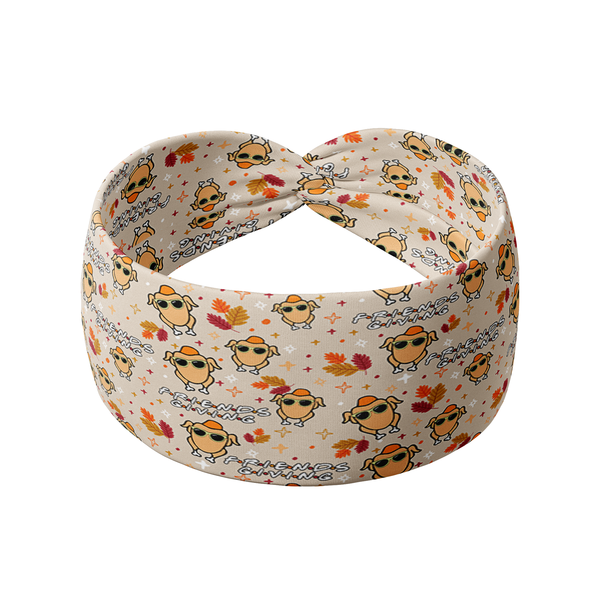 The One With All the Thanksgivings headband featuring cartoon turkeys in sunglasses and fall leaves and the words "Friends Giving", designed for versatility and comfort with a 3-in-1 twist style.