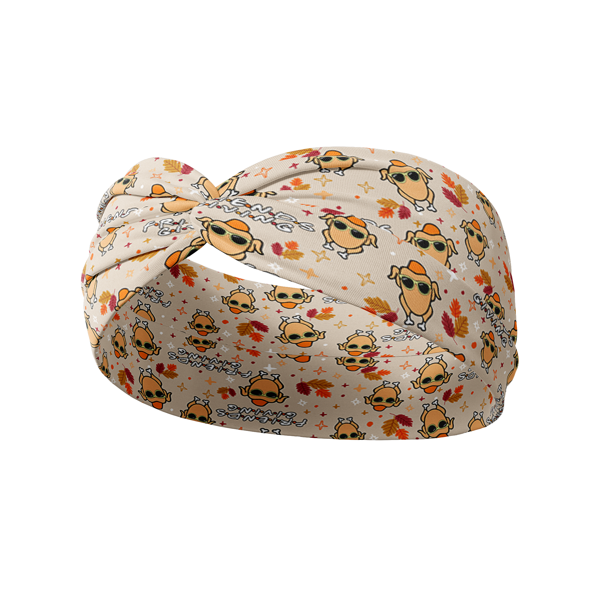 The One With All the Thanksgivings headband featuring cartoon turkeys in sunglasses and fall leaves and the words "Friends Giving", designed for versatility and comfort with a 3-in-1 twist style.