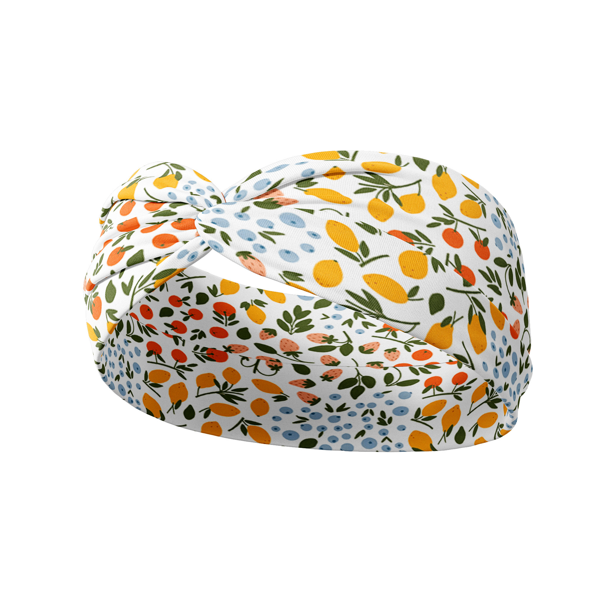 The white Fresh from The Market headband with a lemon, orange, strawberry and blueberry design, made from buttery-soft poly-knit fabric.