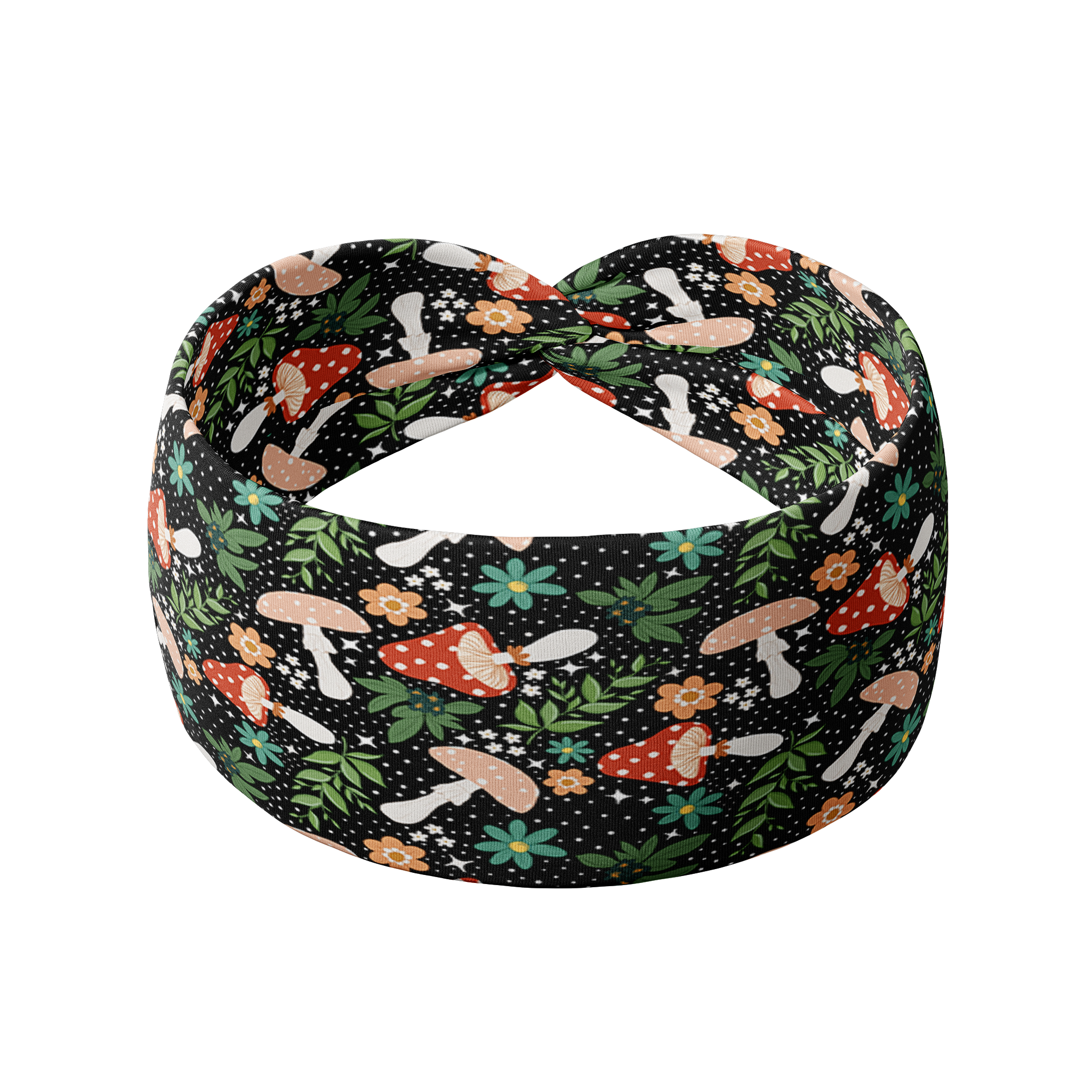 Woodland Wonder black headband featuring red and tan spotted mushrooms with flowers and greenery, crafted from a buttery-soft, ultra-stretchy poly-knit blend, designed for reliable non-slip comfort.