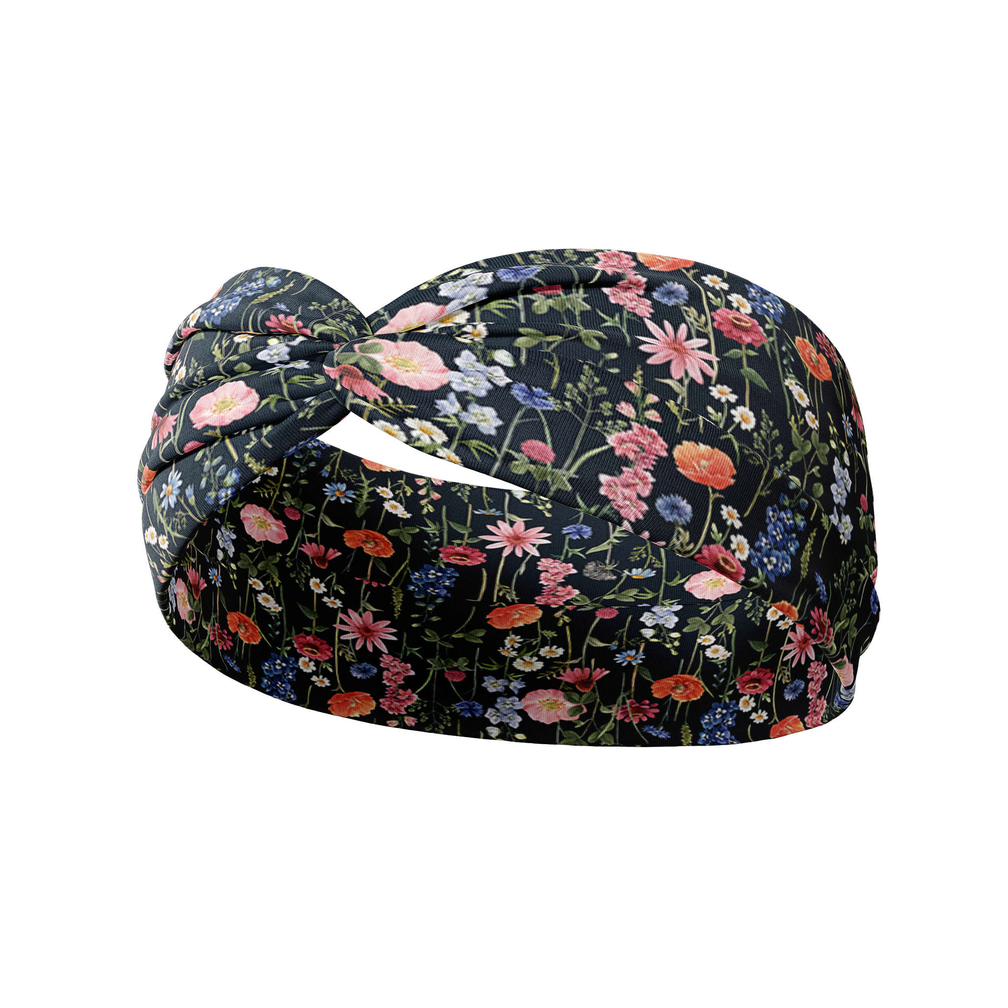 Violet Floral on Black headband with pattern of orange, purple, pink and red flowers with stems, crafted from a buttery-soft, ultra-stretchy poly-knit blend, designed for reliable non-slip comfort.