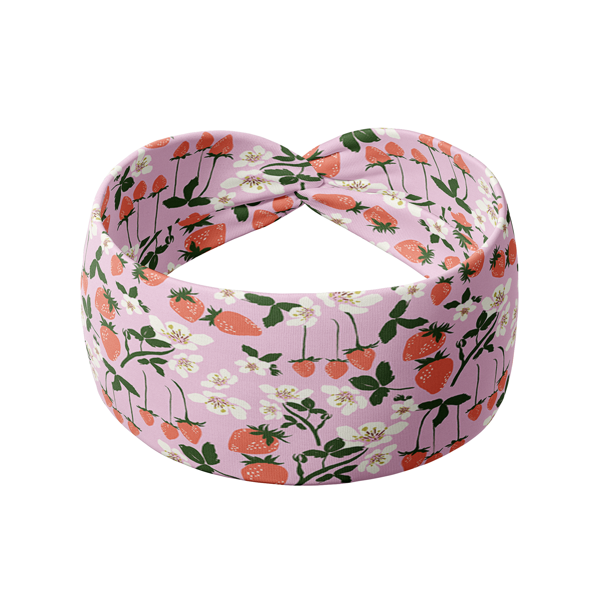 You Pick 'Em pink headband featuring blooming strawberry plants, crafted from a buttery-soft, ultra-stretchy poly-knit blend, designed for reliable non-slip comfort.