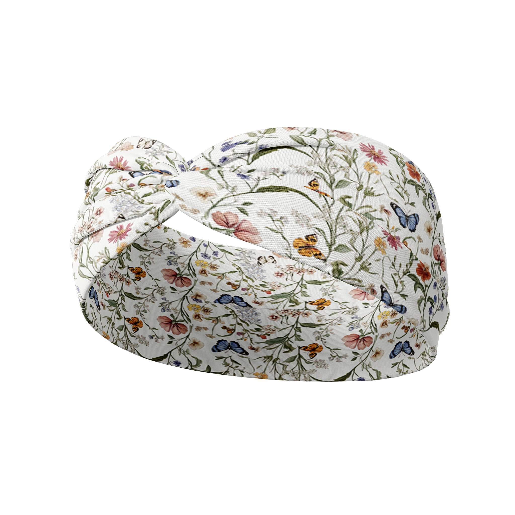 Athena Floral on White headband featuring delicate flowers with gold and blue butterflies, crafted from a buttery-soft, ultra-stretchy poly-knit blend, designed for reliable non-slip comfort.