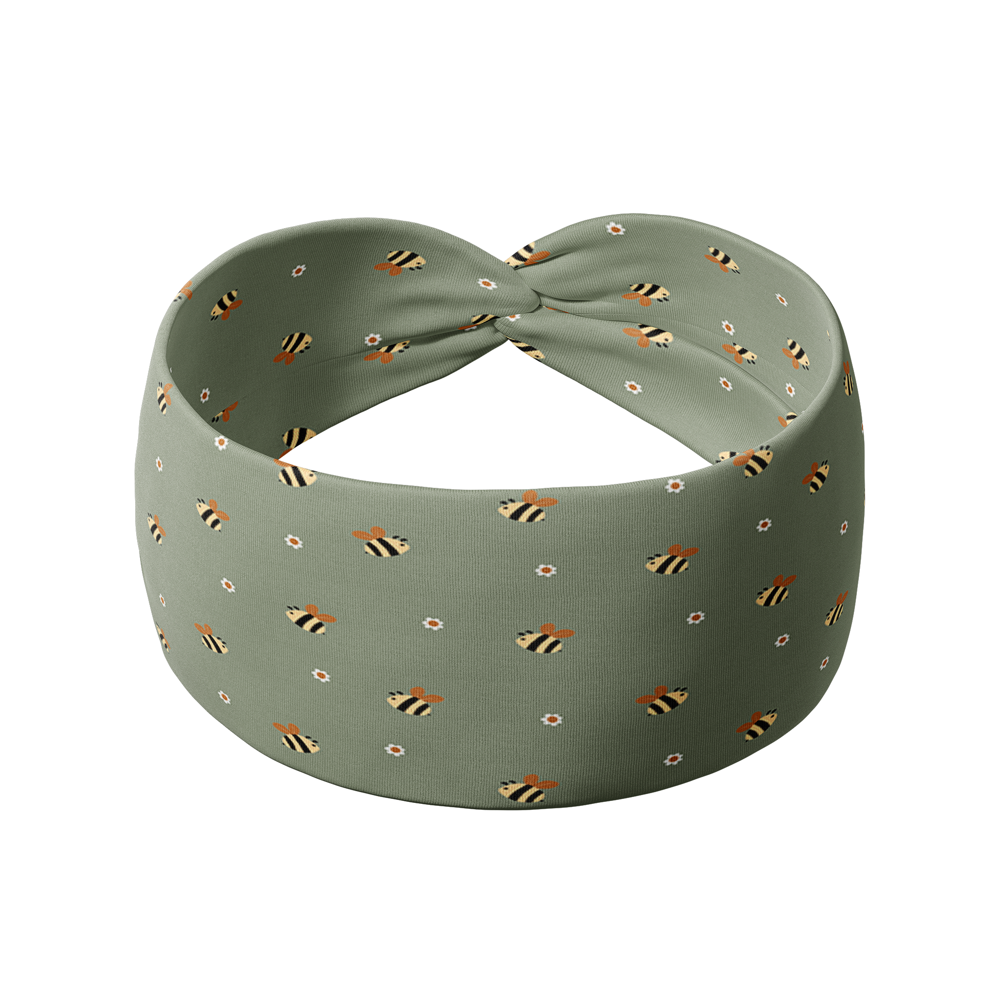 Cute As Can Bee green headband featuring tiny bees and daisies, crafted from a buttery-soft, ultra-stretchy poly-knit blend, designed for reliable non-slip comfort.