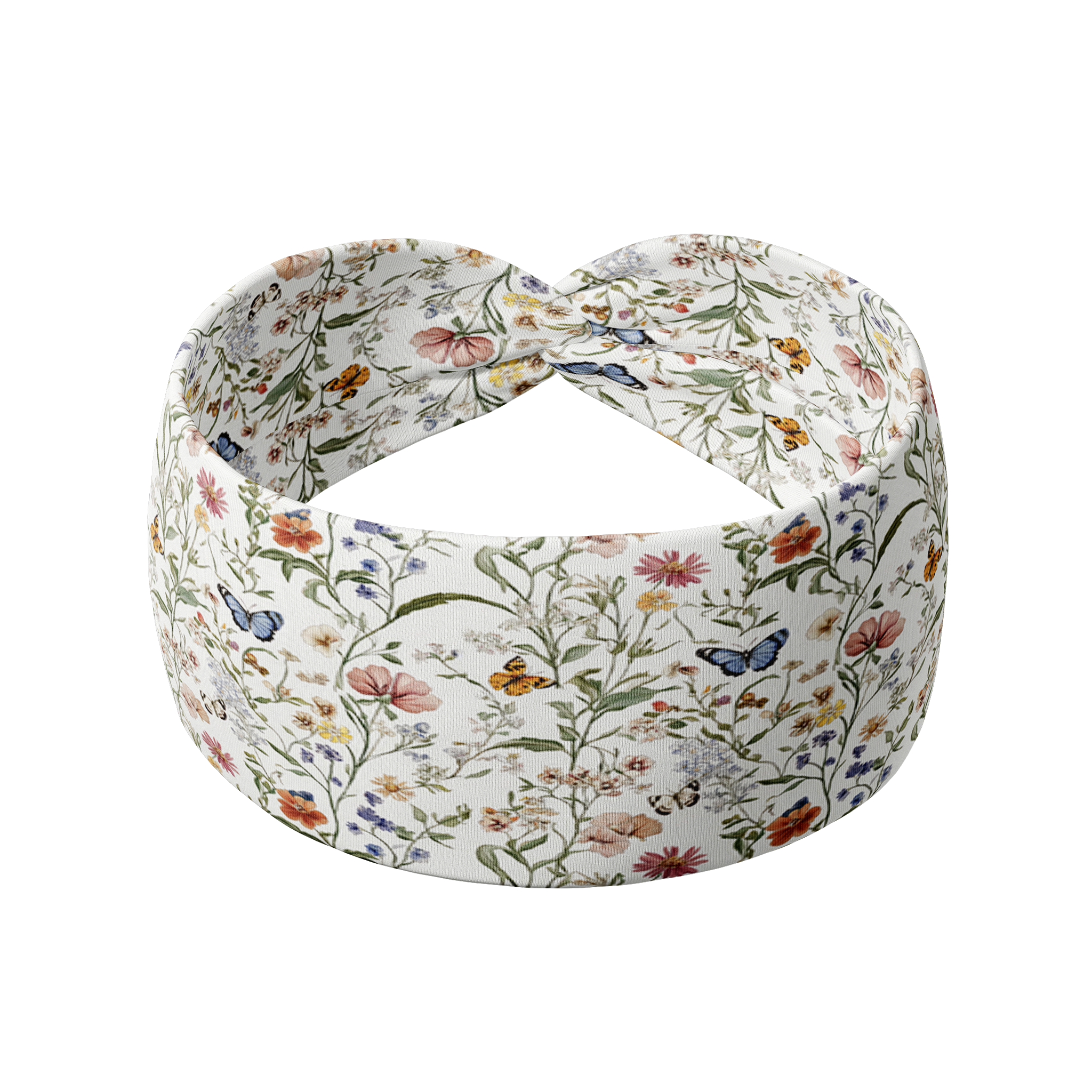 Athena Floral on White headband featuring delicate flowers with gold and blue butterflies, crafted from a buttery-soft, ultra-stretchy poly-knit blend, designed for reliable non-slip comfort.