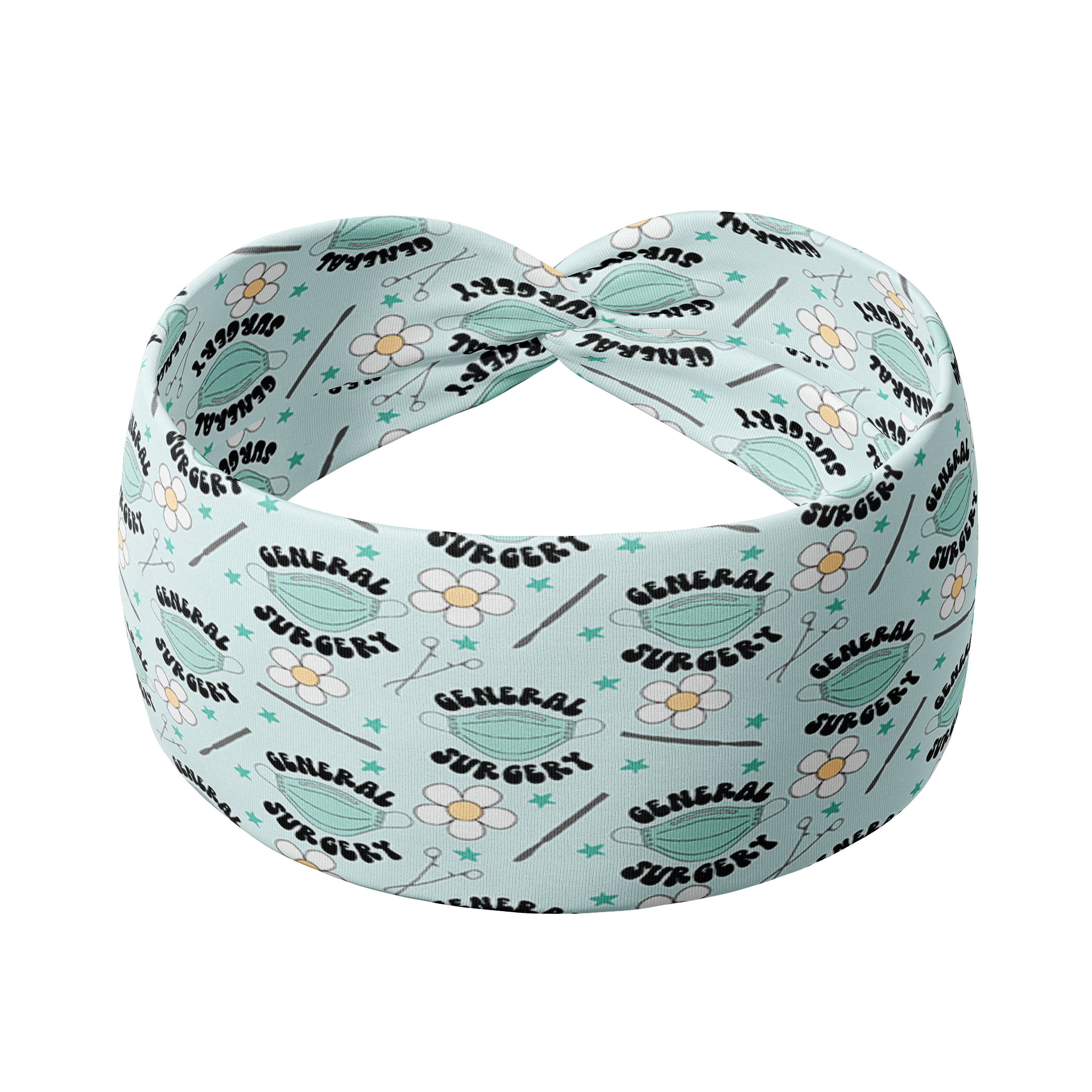 A blue headband featuring surgical tools and floral design. Functional and stylish for confidence and comfort. Versatile 3-in-1 twist style, sweat-absorbent, and non-slip. Designed in Springfield, MO.