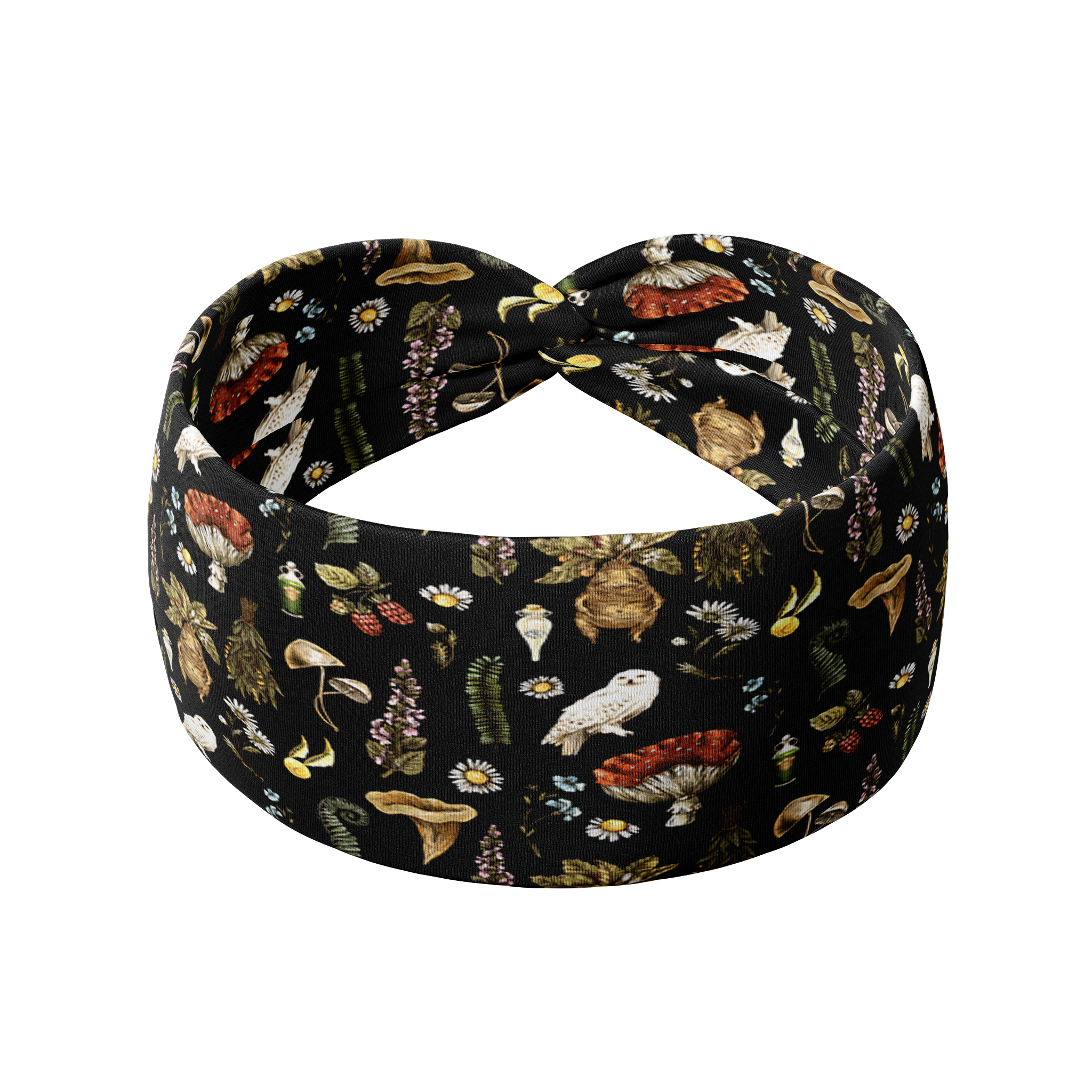 *LIMITED EDITION* Welcome to Herbology black headband featuring snowy owls, mythical creatures, mushrooms and forest plants, offers a versatile 3-in-1 twist style, non-slip, and machine washable for a long shift or tough workout.