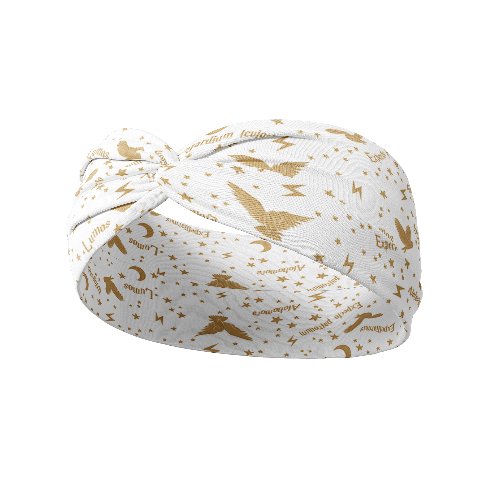 *LIMITED EDITION* 'Yer a Wizard, Harry headband featuring gold lightning bolts, stars, script of magic spells, flying owls and moons, offers a versatile 3-in-1 twist style, non-slip, and machine washable for active use.