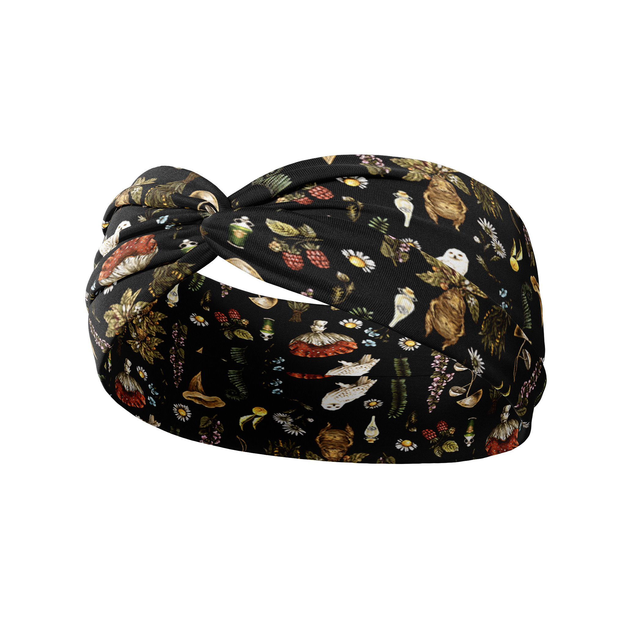 *LIMITED EDITION* Welcome to Herbology black headband featuring snowy owls, mythical creatures, mushrooms and forest plants, offers a versatile 3-in-1 twist style, non-slip, and machine washable for a long shift or tough workout.