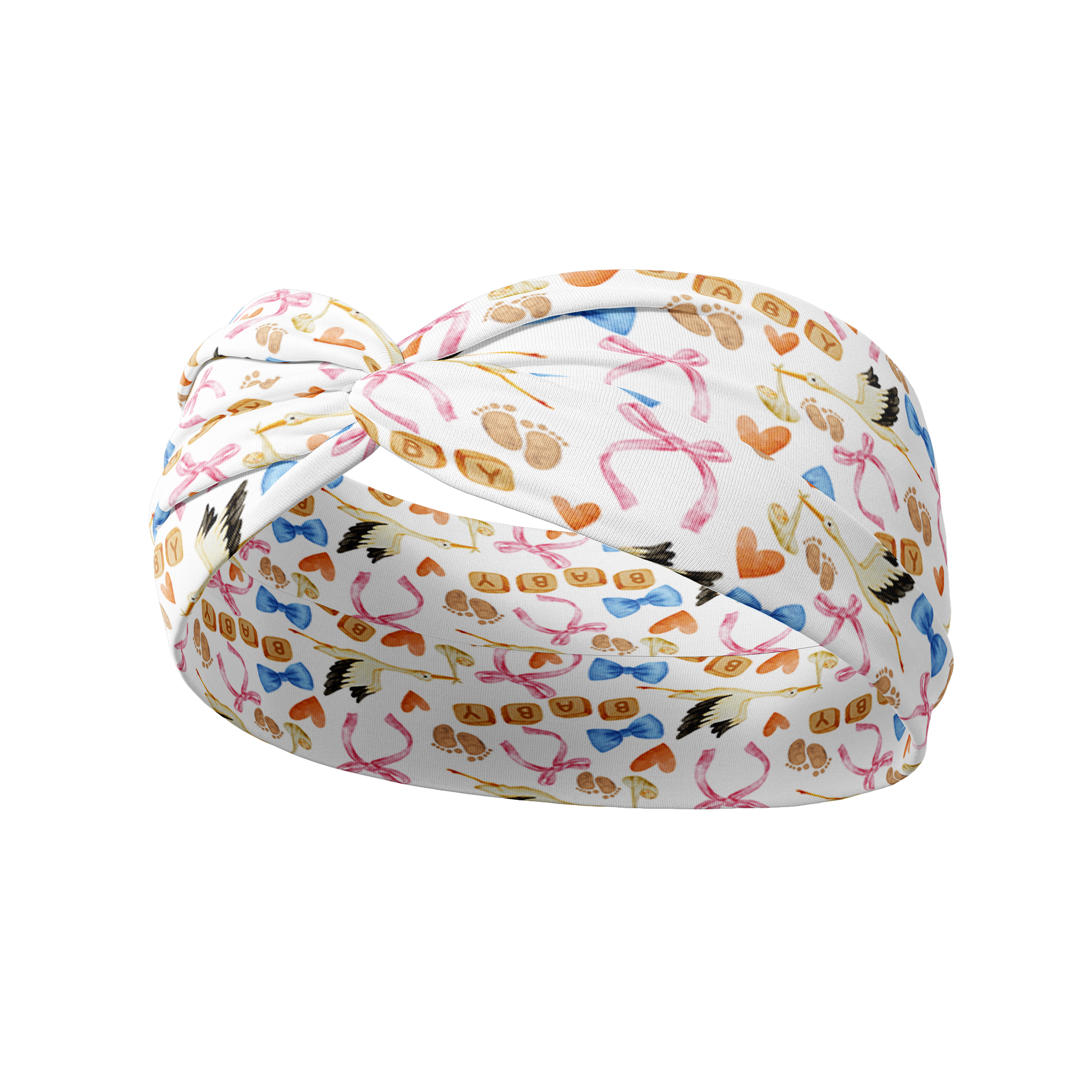 It's a Great Day in the Laborhood white headband featuring pink and blow bows, baby feet, storks and hearts, crafted from a buttery-soft, ultra-stretchy poly-knit blend, the most comfortable hair accessory ever.