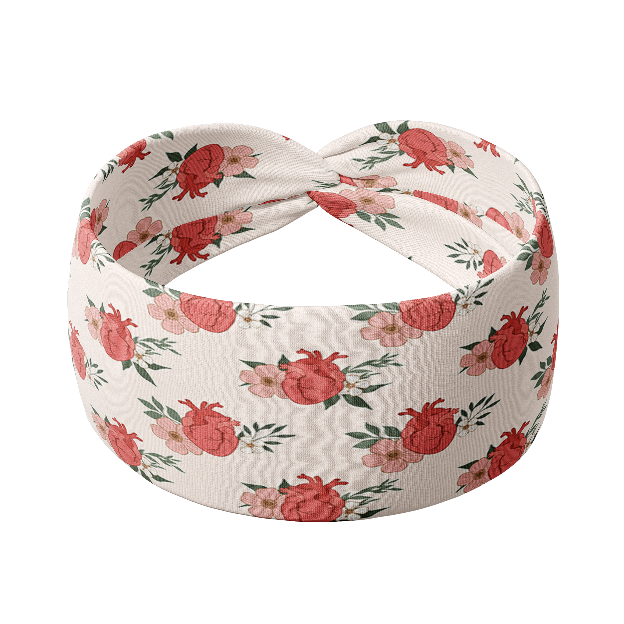 A pink headband with an anatomical heart and floral pattern, machine washable, ultra stretchy poly-knit blend, sweat absorbent, non-slip, and versatile 3-in-1 twist style. Designed for confidence and functionality.