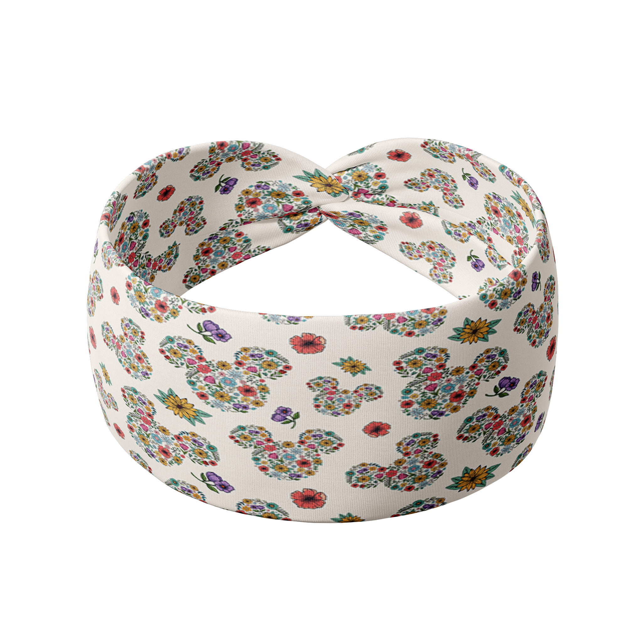 An EST. 1923 versatile white headband with floral Mickey Mouse ears design, ultra-stretchy poly-knit blend, non-slip, perfect for workouts or play, one size fits most.