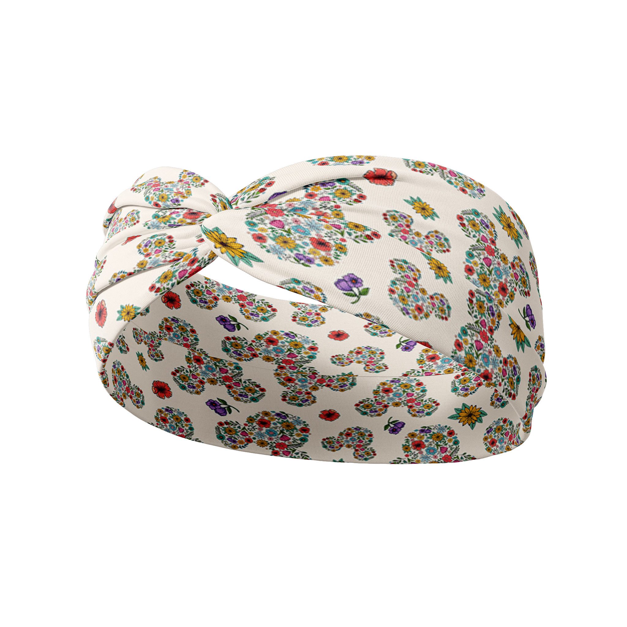 An EST. 1923 versatile white headband with floral Mickey Mouse ears design, ultra-stretchy poly-knit blend, non-slip, perfect for workouts or play, one size fits most.