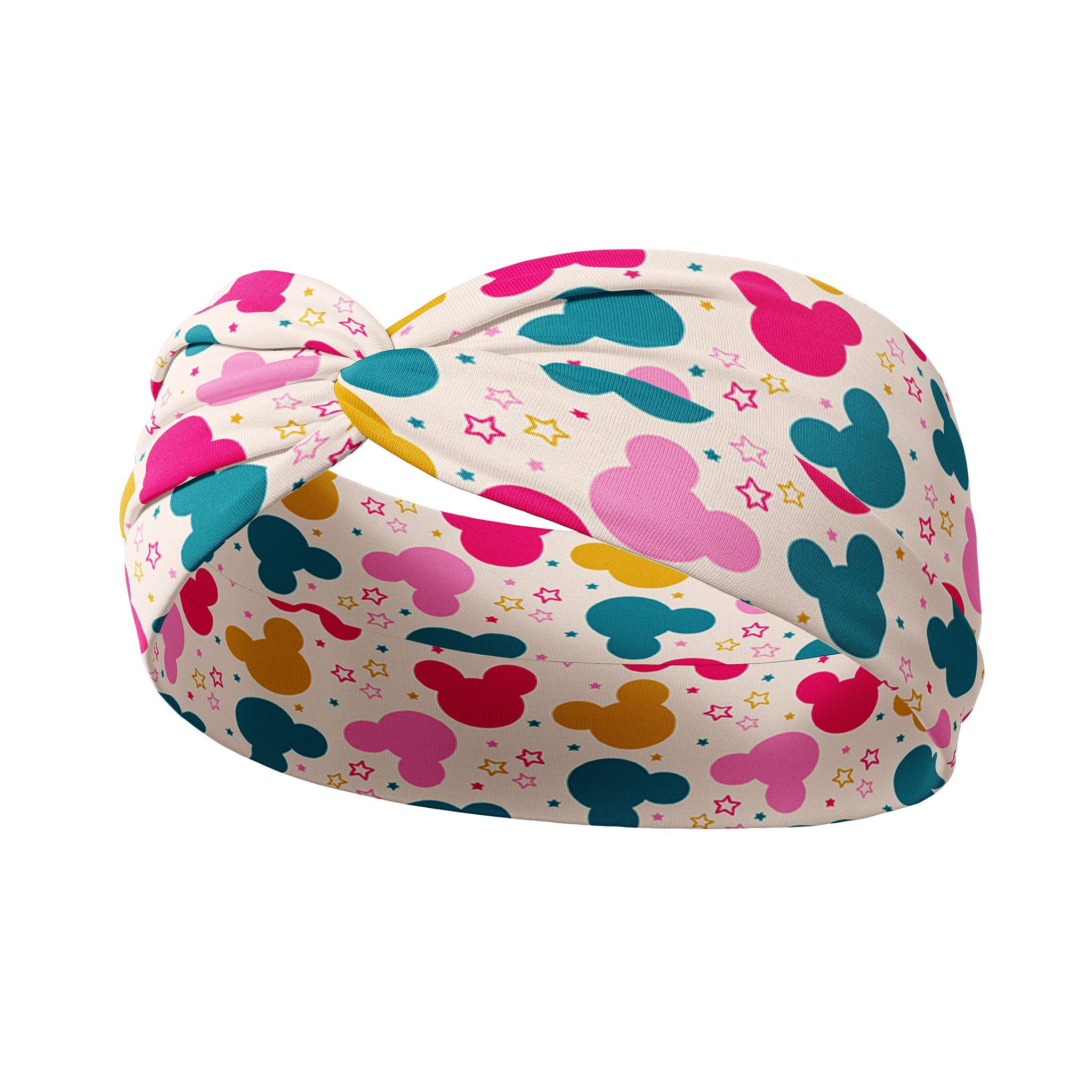 Ivory headband I'm All Ears featuring cartoon Mickey Mouse ears and stars; designed for function, comfort, and versatility. Perfect for workouts or playful activities.