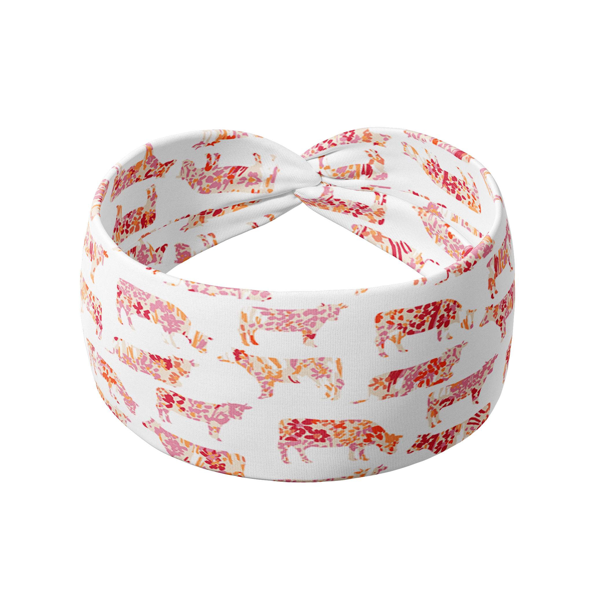 You Herd Me white headband with pink, red and orange floral cow pattern, featuring a knot design. Ultra-stretchy, non-slip poly-knit blend, perfect for workouts, long shifts, or playdays.