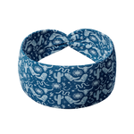 Blue Long Live Cowgirls headband with white cow skull, snake, boot and sun patterns; ultra-stretchy, non-slip, versatile 3-in-1 twist style, perfect for workouts or daily wear.
