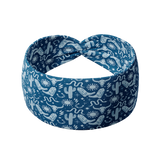 Blue Long Live Cowgirls headband with white cow skull, snake, boot and sun patterns; ultra-stretchy, non-slip, versatile 3-in-1 twist style, perfect for workouts or daily wear.