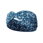 Blue Long Live Cowgirls headband with white cow skull, snake, boot and sun patterns; ultra-stretchy, non-slip, versatile 3-in-1 twist style, perfect for workouts or daily wear.
