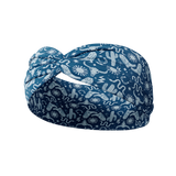 Blue Long Live Cowgirls headband with white cow skull, snake, boot and sun patterns; ultra-stretchy, non-slip, versatile 3-in-1 twist style, perfect for workouts or daily wear.