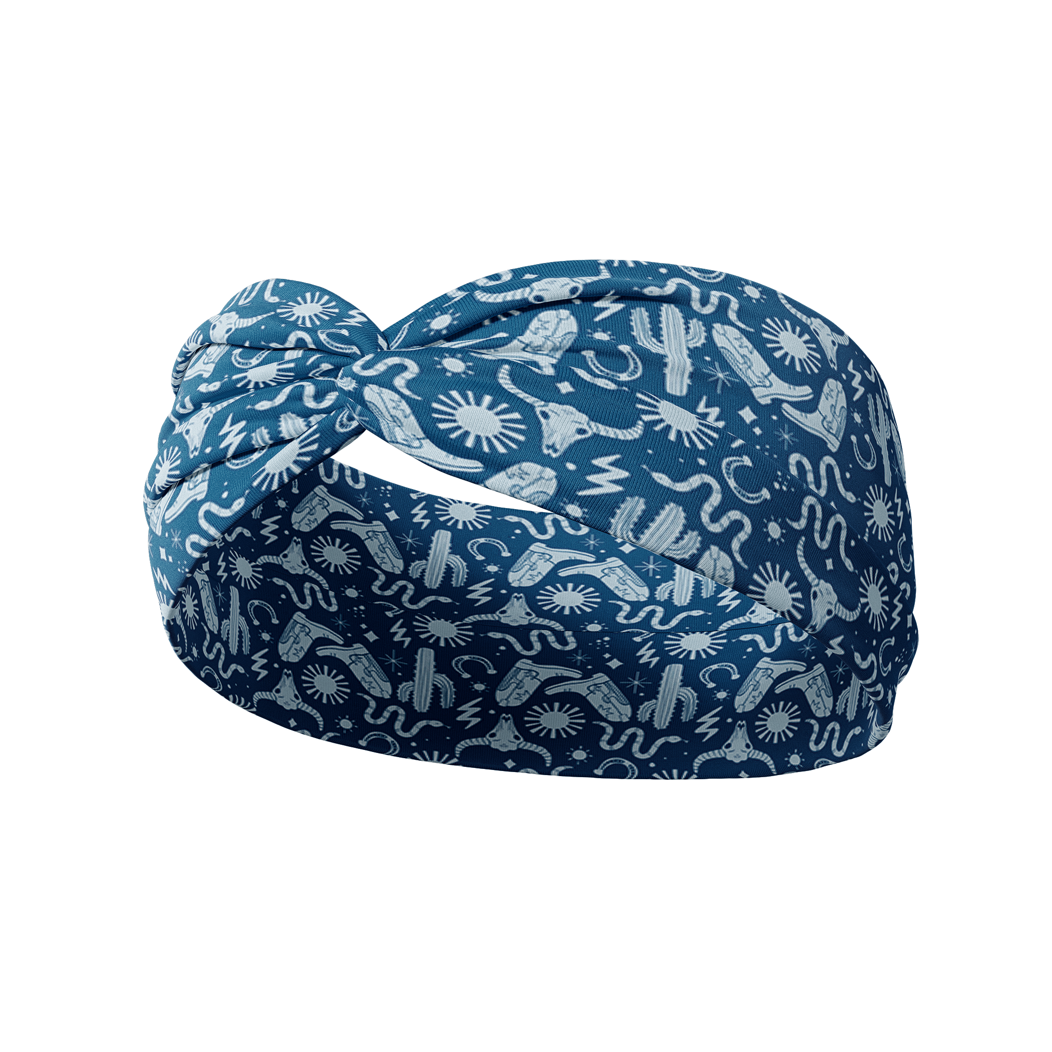 Blue Long Live Cowgirls headband with white cow skull, snake, boot and sun patterns; ultra-stretchy, non-slip, versatile 3-in-1 twist style, perfect for workouts or daily wear.