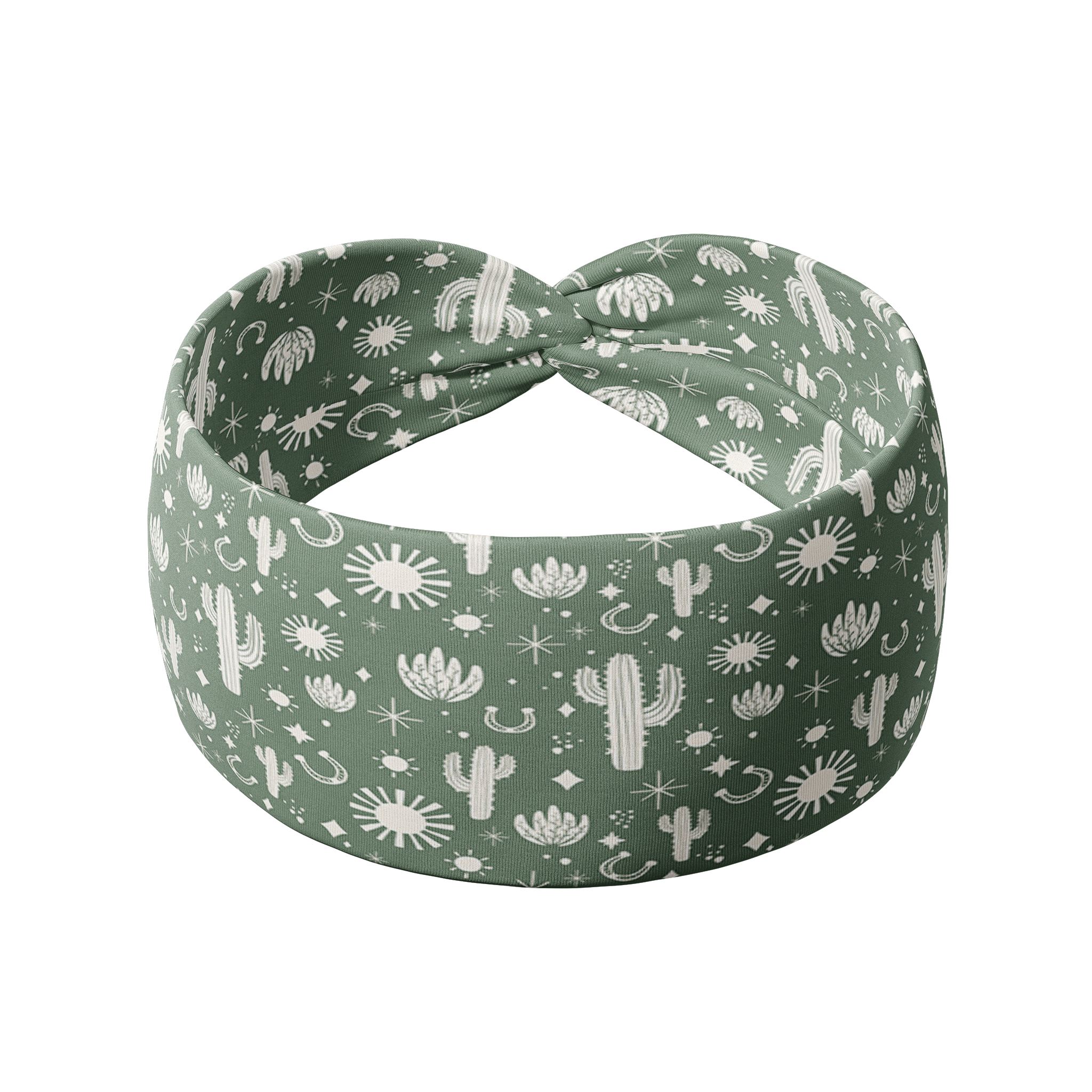 Keeping It Rural headband featuring white cactus designs on a green background. Ultra-stretchy, versatile, sweat-absorbent, and non-slip. Perfect for workouts or daily wear.