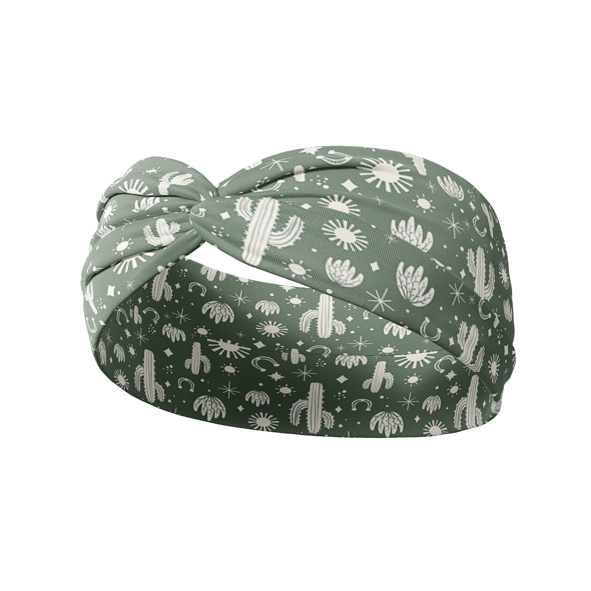 Keeping It Rural headband featuring white cactus designs on a green background. Ultra-stretchy, versatile, sweat-absorbent, and non-slip. Perfect for workouts or daily wear.