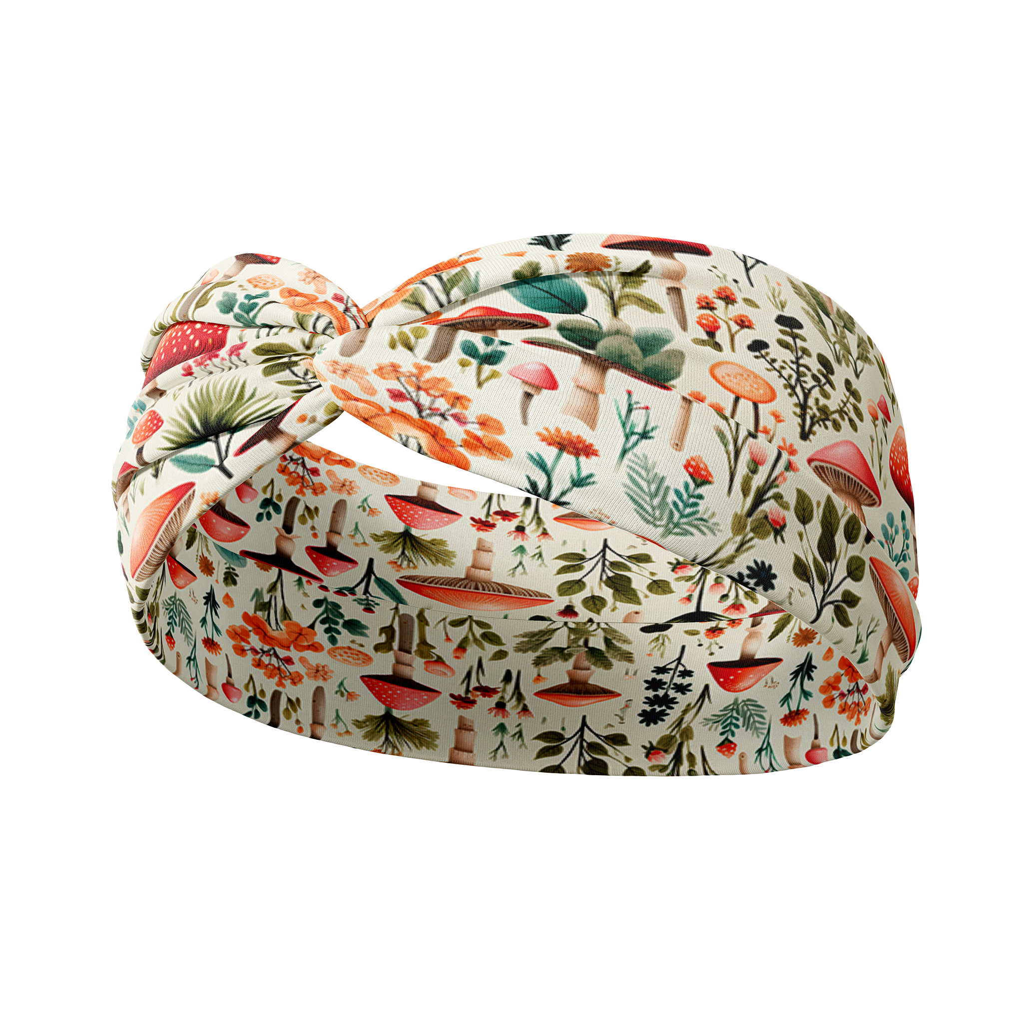 An Enchanted Garden headband with a mushroom and plant pattern, featuring a knot design. Versatile 3-in-1 twist style, sweat-absorbent, non-slip, and machine washable. Functional and stylish for any activity.