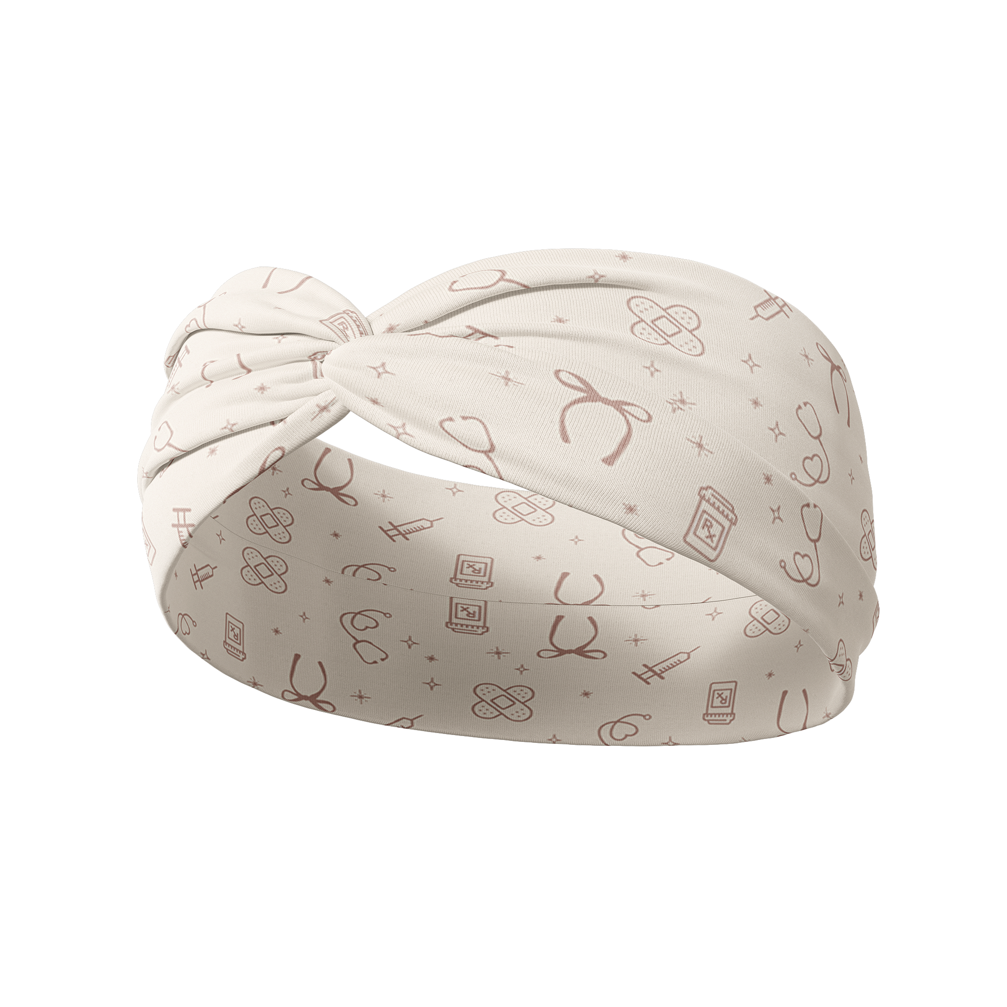 Here to Save Your Butt white headband featuring outlines of tan bows, pill bottles, bandaids, stethoscopes and syringes, crafted from a buttery-soft, ultra-stretchy poly-knit blend, the most comfortable hair accessory ever.