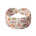 A white Kitchen's Closed headband with a floral pickleball paddle pattern, versatile 3-in-1 twist style, sweat absorbent, and non-slip, perfect for workouts and daily wear.