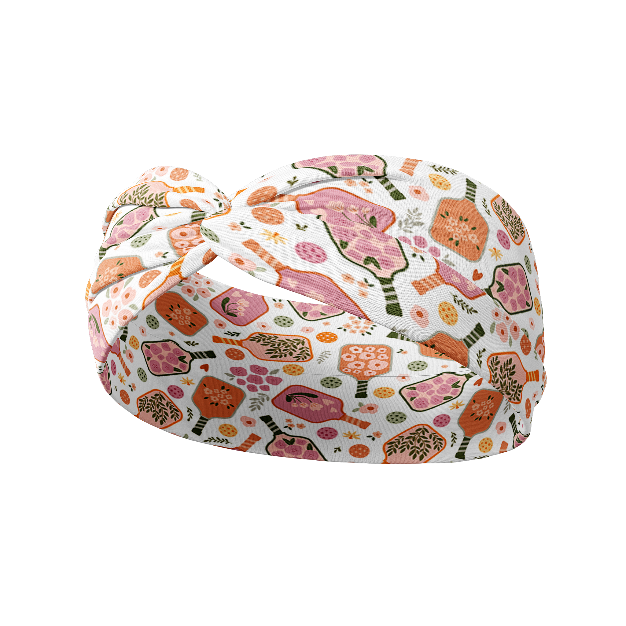A white Kitchen's Closed headband with a floral pickleball paddle pattern, versatile 3-in-1 twist style, sweat absorbent, and non-slip, perfect for workouts and daily wear.