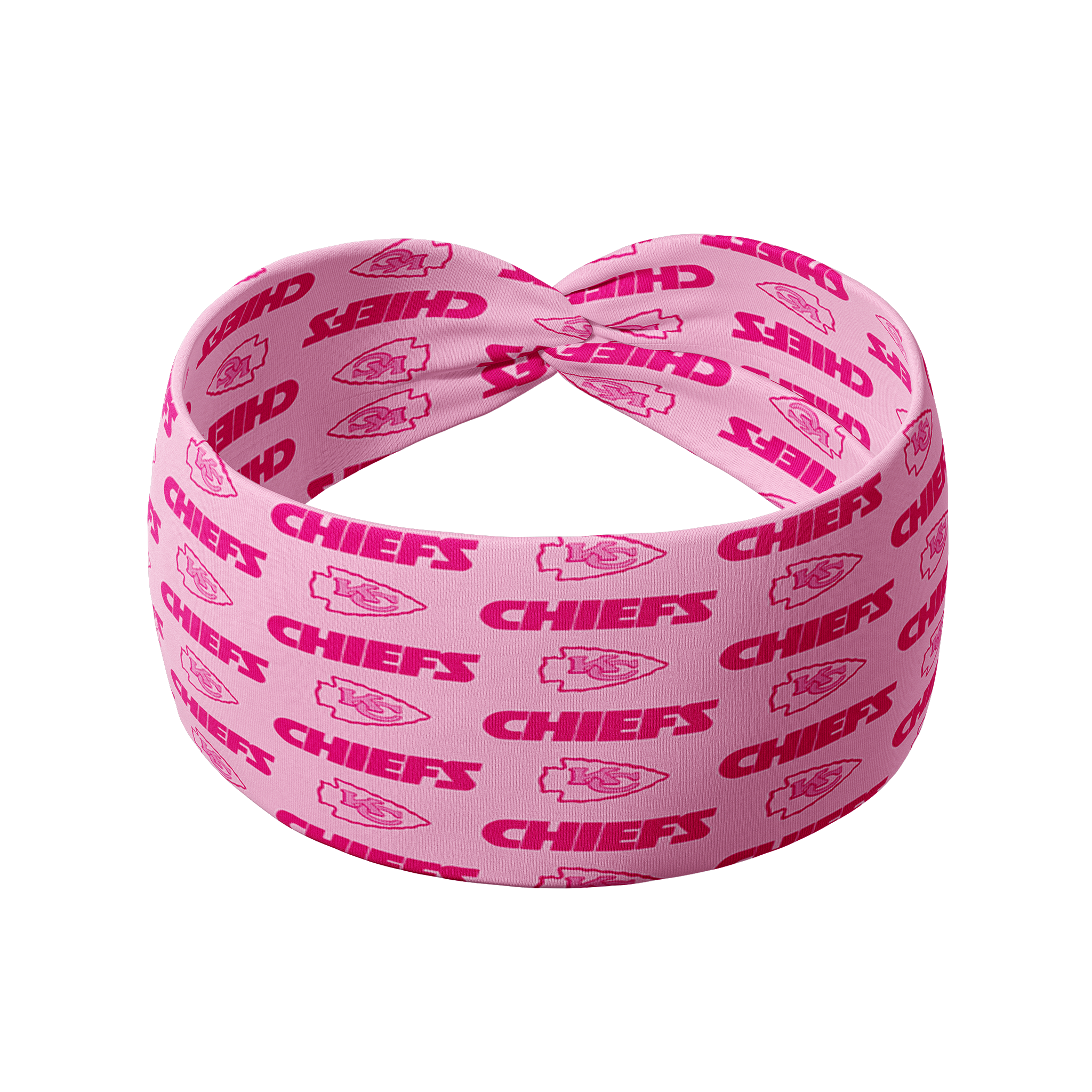 Pink On Sunday's We Wear Pink headband with the KC Chiefs logo, featuring a versatile 3-in-1 twist style, designed for function and comfort.