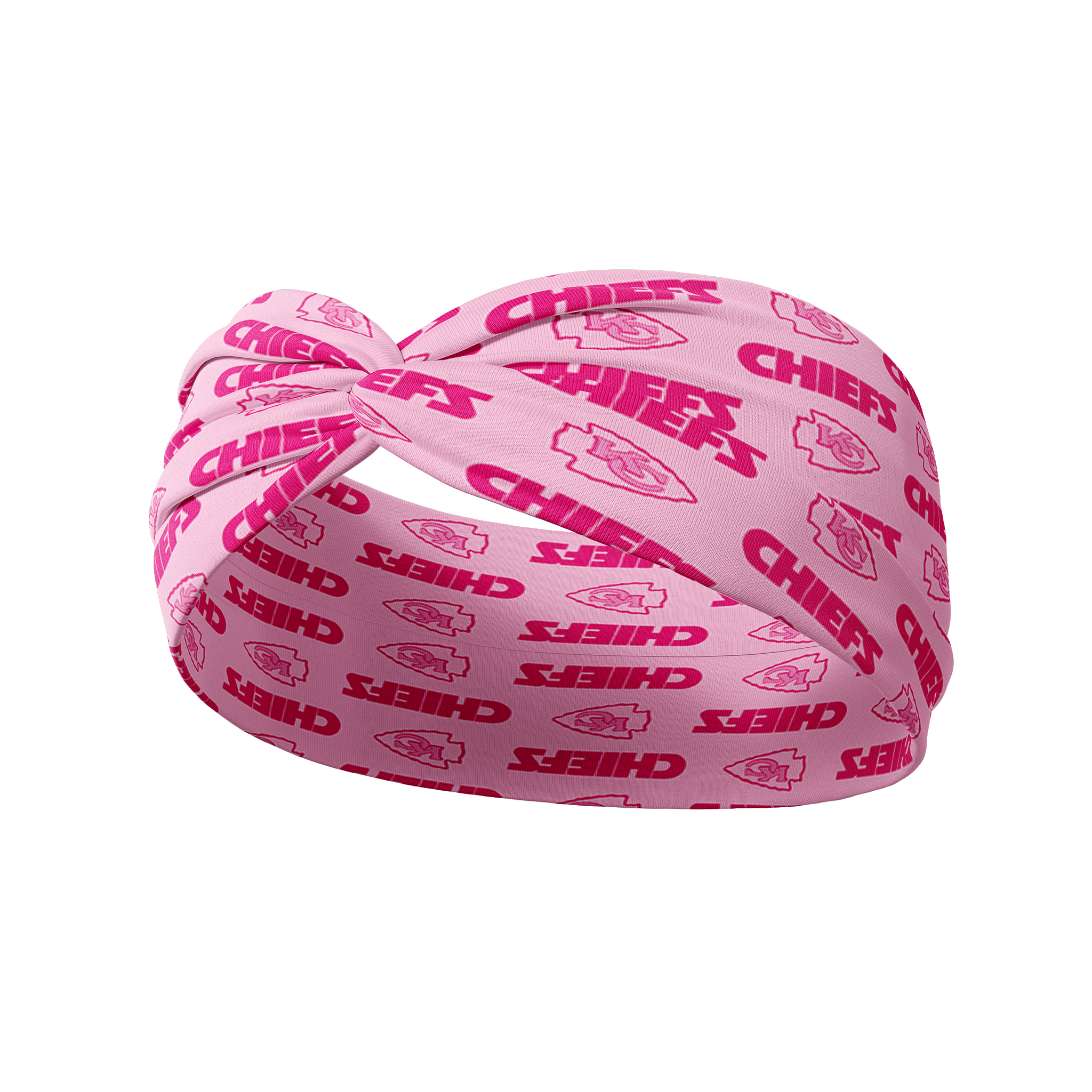 Pink On Sunday's We Wear Pink headband with the KC Chiefs logo, featuring a versatile 3-in-1 twist style, designed for function and comfort.