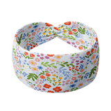 Light blue headband with colorful small floral pattern, ultra-soft poly-knit blend, versatile twist style, sweat absorbent, non-slip, designed in Springfield, MO.