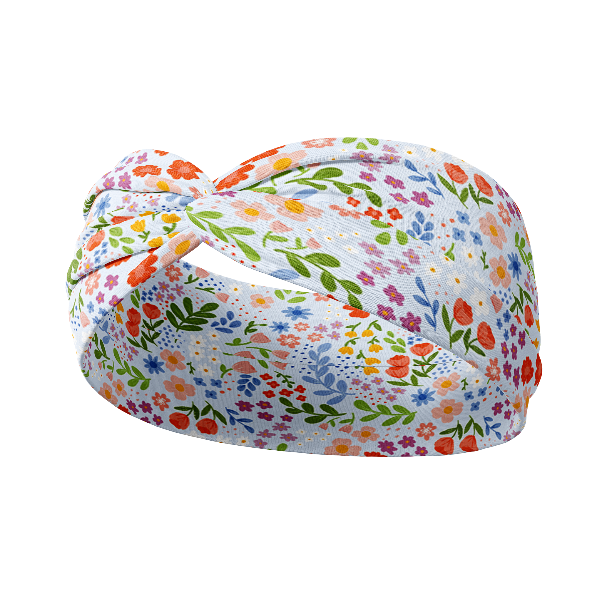 Light blue headband with colorful small floral pattern, ultra-soft poly-knit blend, versatile twist style, sweat absorbent, non-slip, designed in Springfield, MO.