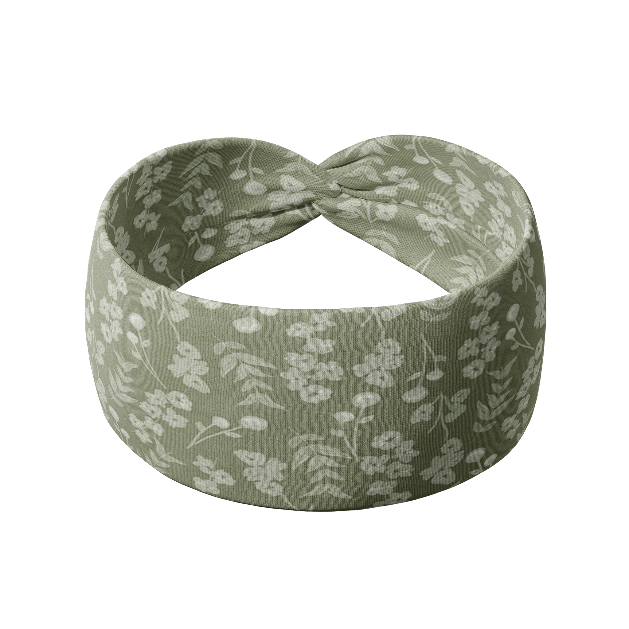 Hazel Floral dark sage headband with white pressed flower design, crafted from a buttery-soft, ultra-stretchy poly-knit blend, the most comfortable hair accessory ever.