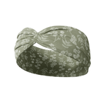 Hazel Floral dark sage headband with white pressed flower design, crafted from a buttery-soft, ultra-stretchy poly-knit blend, the most comfortable hair accessory ever.