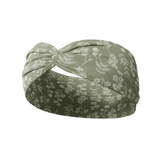 Hazel Floral dark sage headband with white pressed flower design, crafted from a buttery-soft, ultra-stretchy poly-knit blend, the most comfortable hair accessory ever.