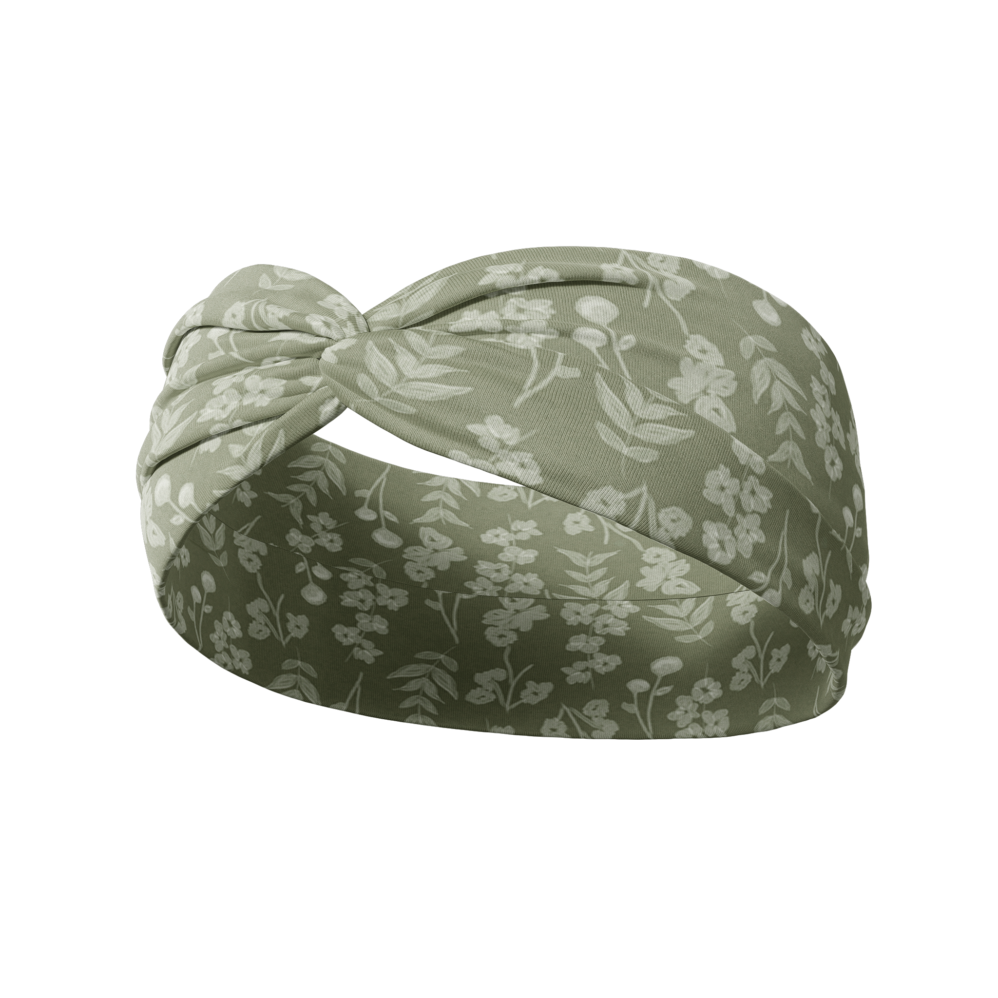 Hazel Floral dark sage headband with white pressed flower design, crafted from a buttery-soft, ultra-stretchy poly-knit blend, the most comfortable hair accessory ever.