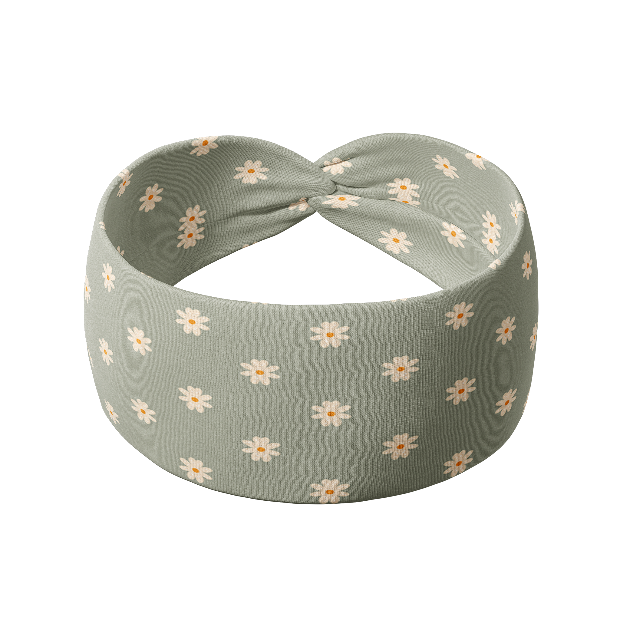 Wren Floral sage headband featuring small white daisies design, crafted from a buttery-soft, ultra-stretchy poly-knit blend, the most comfortable hair accessory ever.