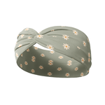 Wren Floral sage headband featuring small white daisies design, crafted from a buttery-soft, ultra-stretchy poly-knit blend, the most comfortable hair accessory ever.