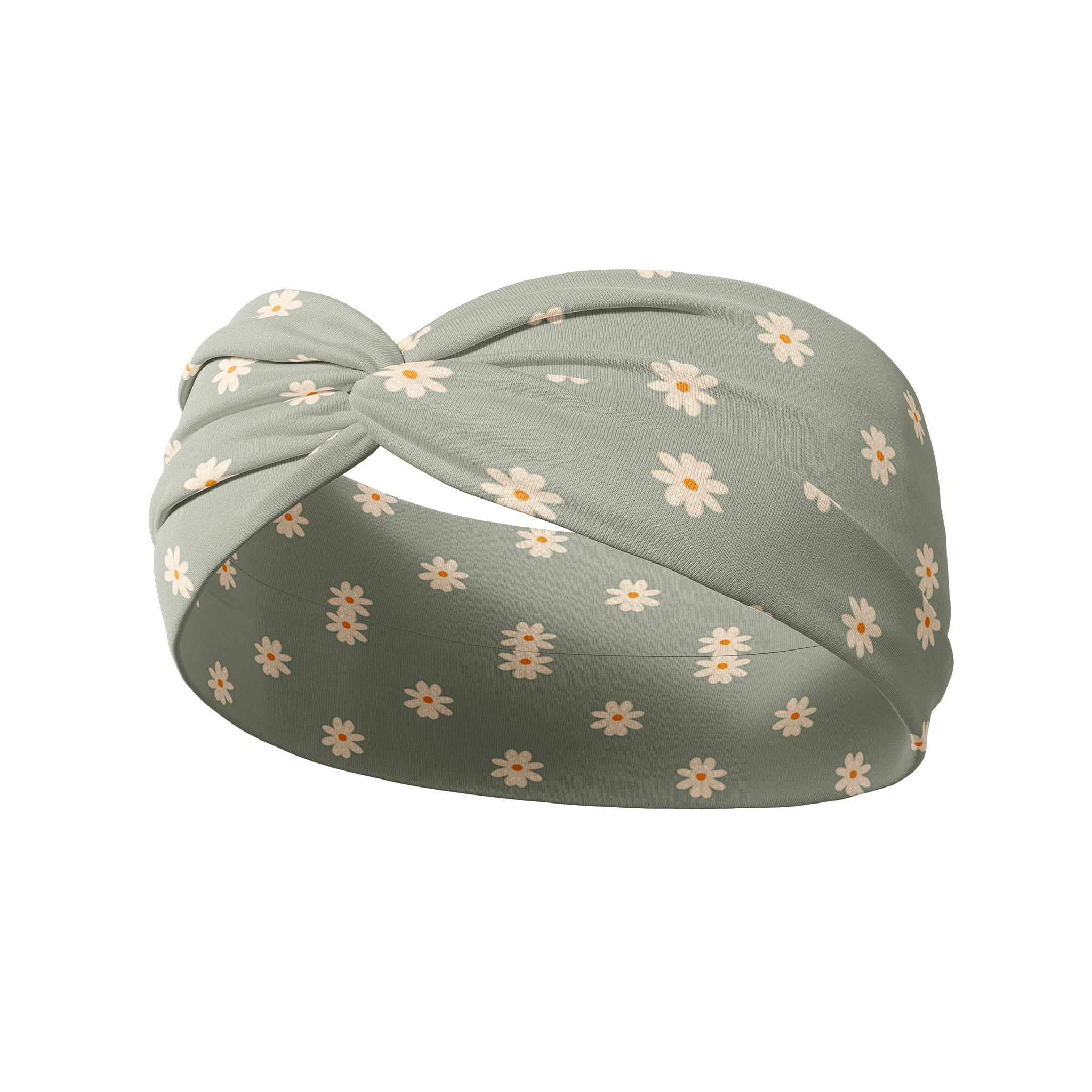 Wren Floral sage headband featuring small white daisies design, crafted from a buttery-soft, ultra-stretchy poly-knit blend, the most comfortable hair accessory ever.