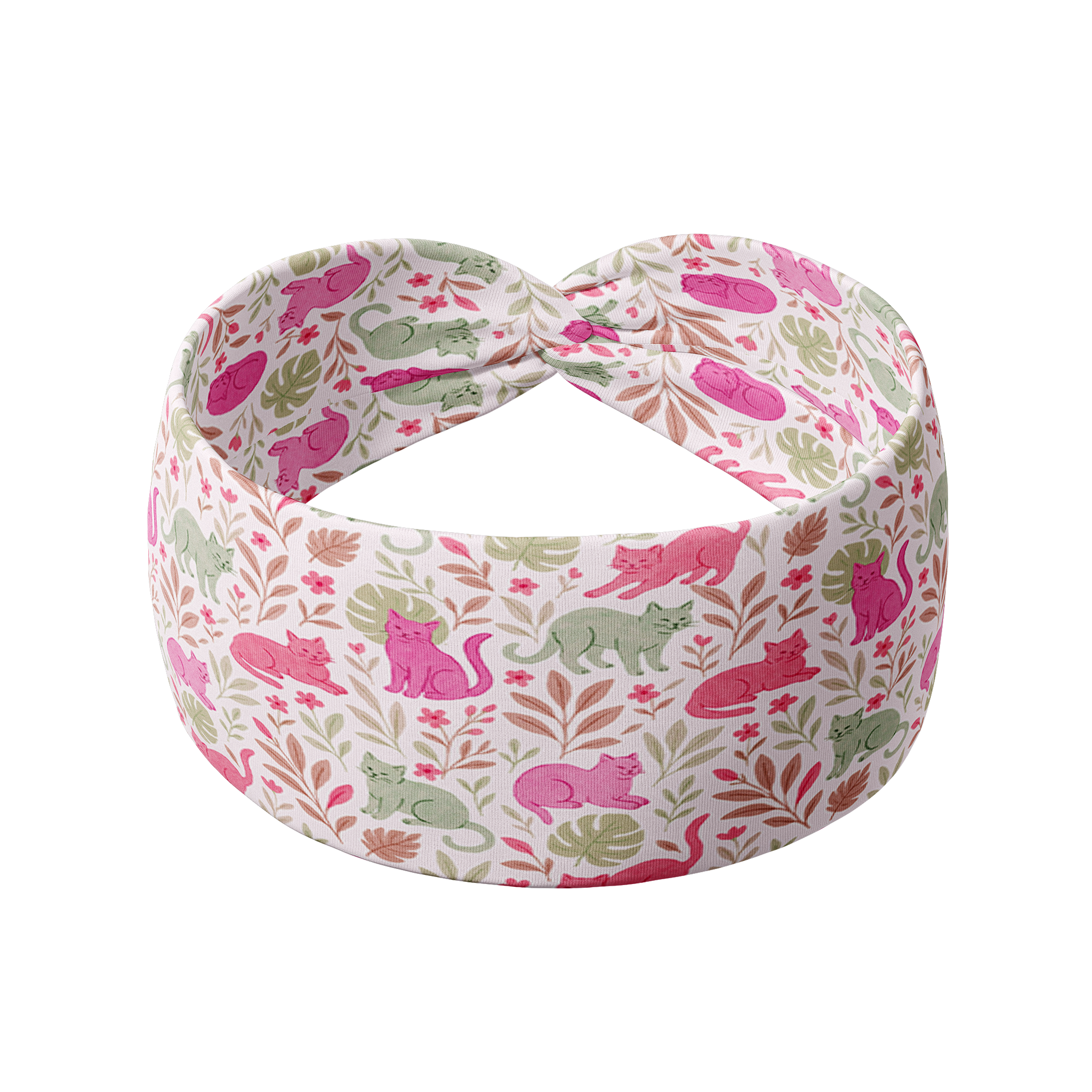 Catnip & Clover white headband featuring pink and green plants and cats design, crafted from a buttery-soft, ultra-stretchy poly-knit blend, the most comfortable hair accessory ever.